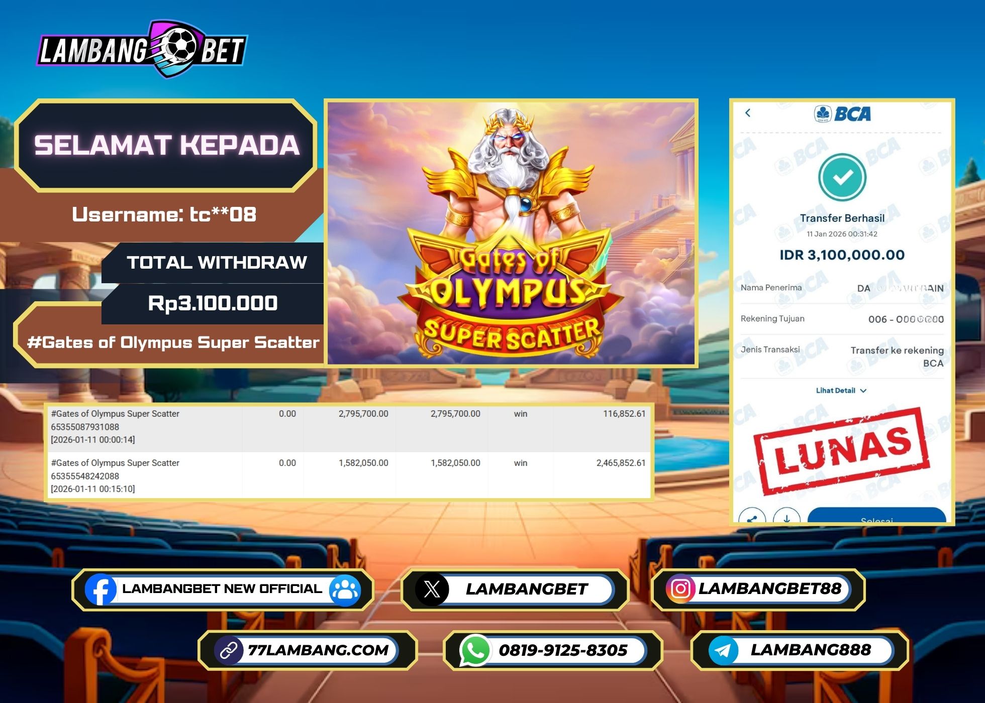 LAMBANGBET [11 JANUARI 2026] JACKPOT SLOT Gates of Olympus Super Scatter "Rp3.100.000" LUNAS